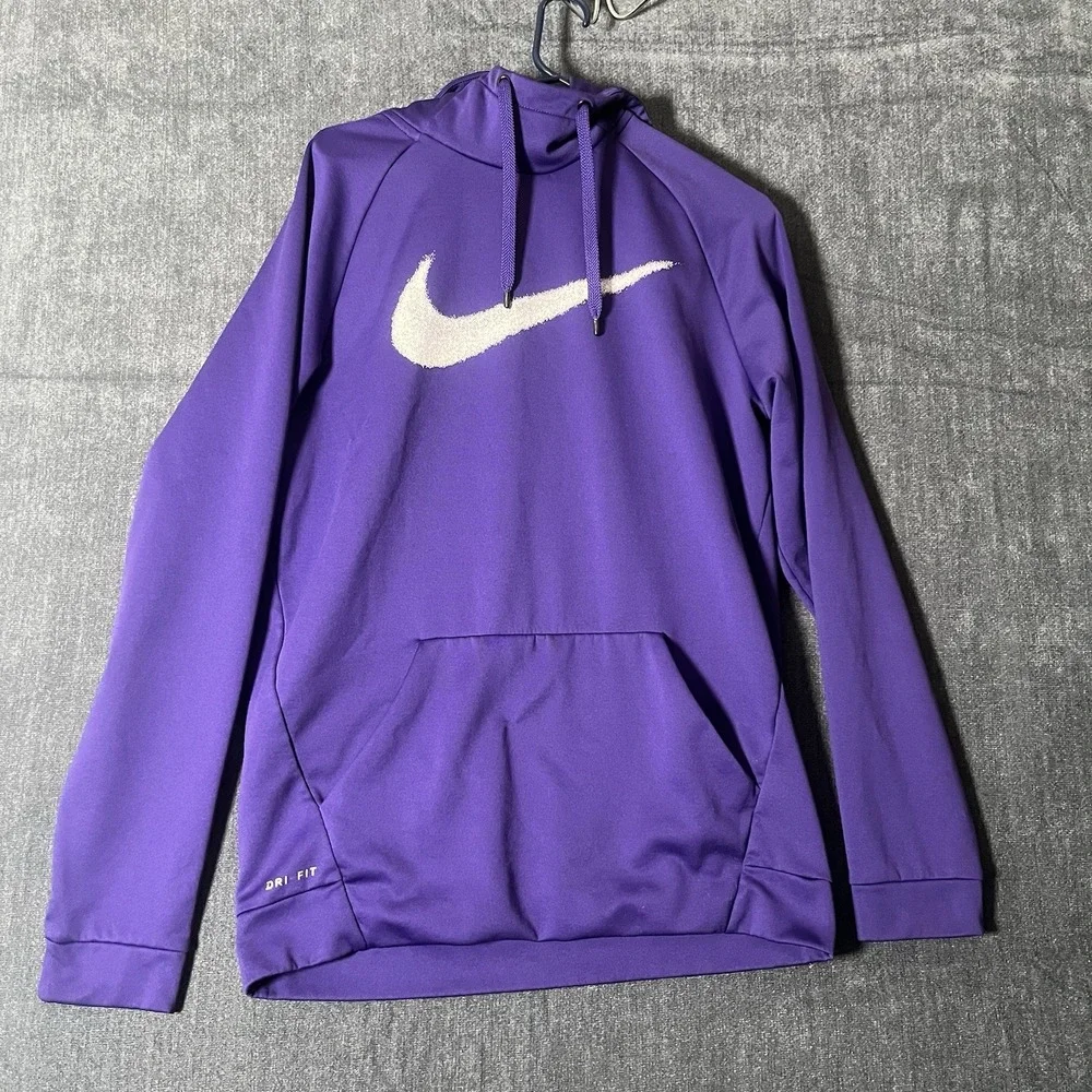 Nike Dri-Fit Hoodie Mens Medium Purple Big Chenille Swoosh Pullover Sweatshirt